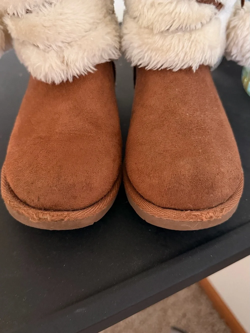 Kids Plush Winter Boots with Pom-Pom Tie - Cream & Brown